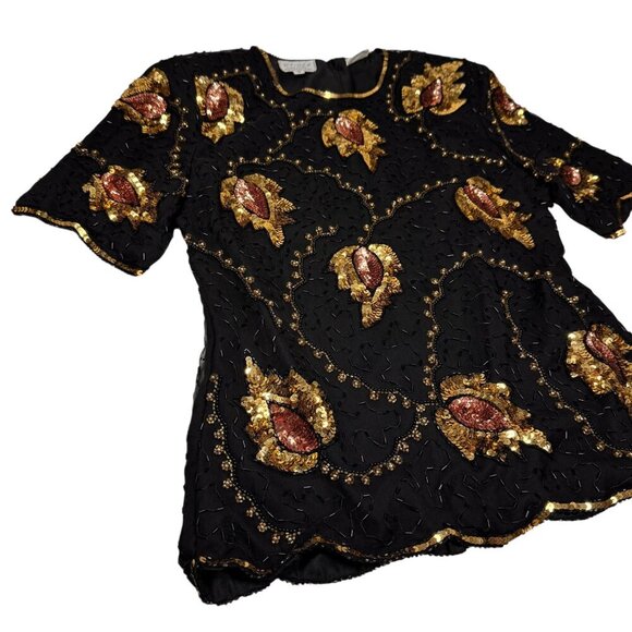 VTG 90s Stenay Beaded Top Sz.S Blak Gold Leaf Sequins Whimsigoth Fairy Formal - Picture 11 of 11